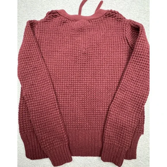 Anthropologie Kaisely Sweater Womens XS Burgundy Sweater Waffle Knit Laces - Picture 6 of 8